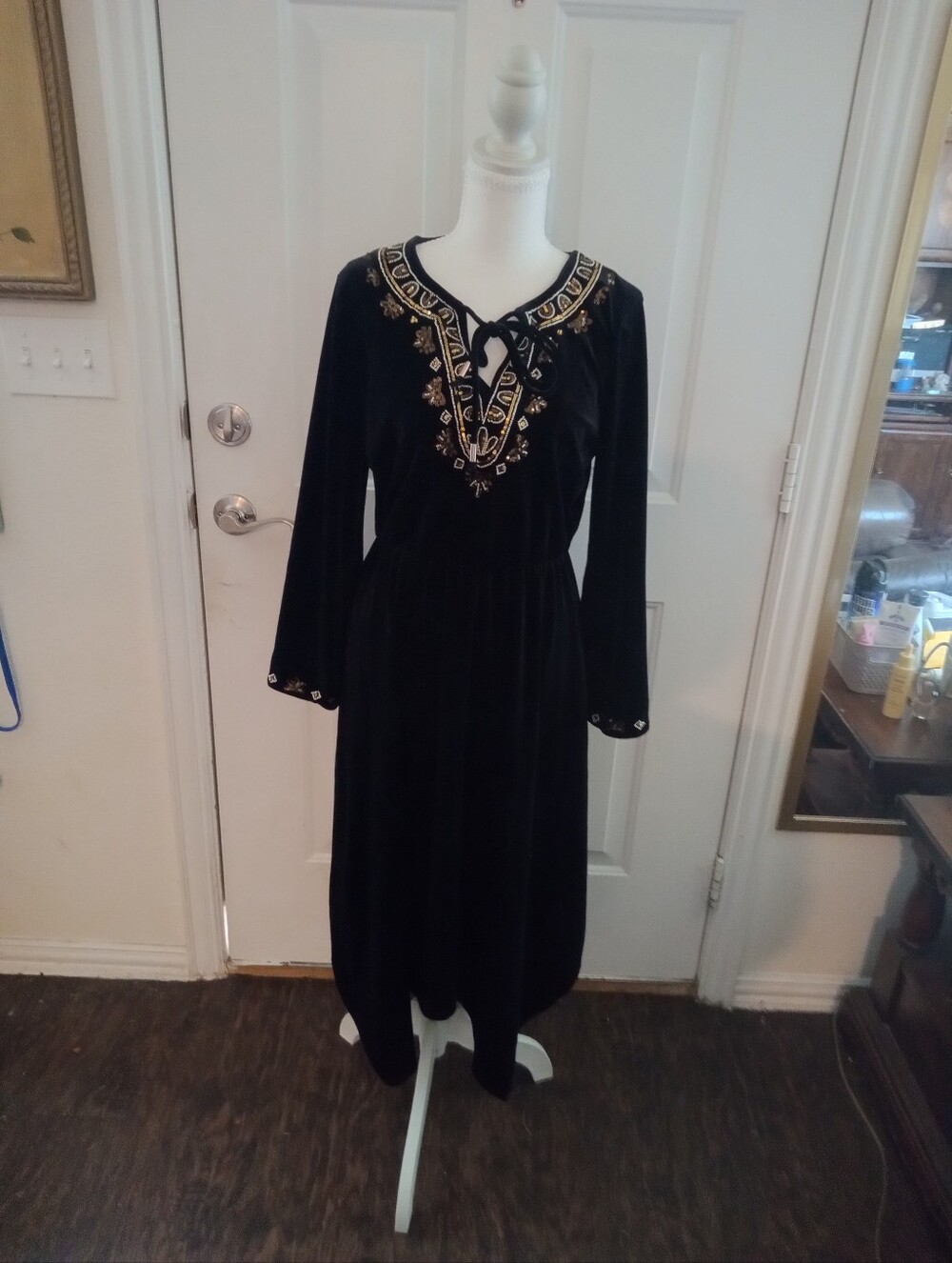 Reba Black Velvet Long Sleeve Midi Dress with Gold Sequence And Beads